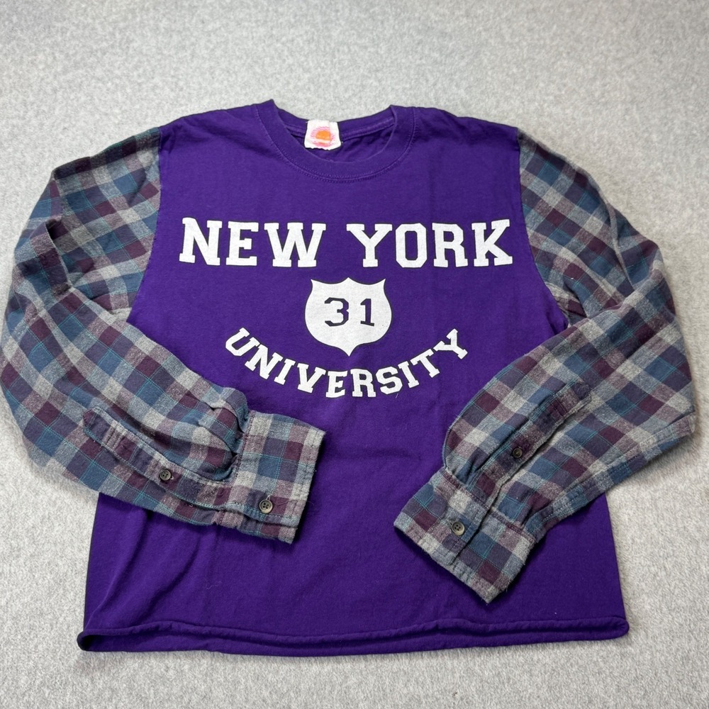 New York University Flannel Sleeve Shirt NYU Grunge Plaid Mixed‎ Media XS